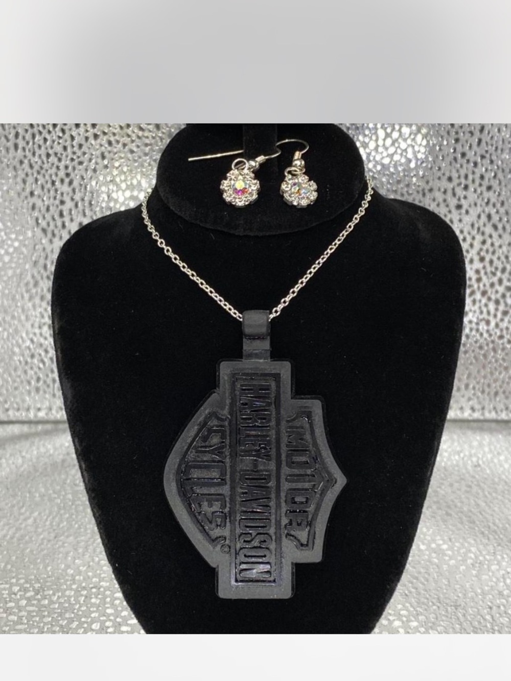 *** Black Harley-Davidson” Silicone Shield Pendant Necklace / Crystal Earrings *